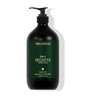 Black shower gel bottle with green label on a white background