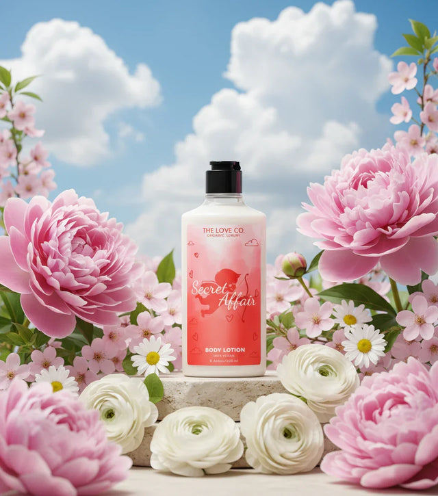 The Love Co Secret Affair body lotion bottle with pink and white flowers outdoors