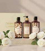 The Love Co. Shades of Love gift box with shower gel, hand soap, body lotion, and white roses.