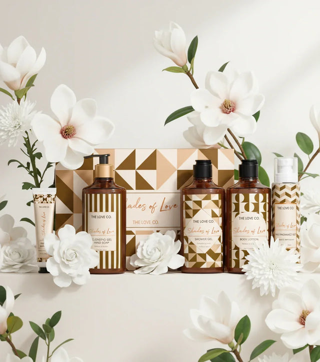 The Love Co Shades of Love gift box set with skincare products and white flowers