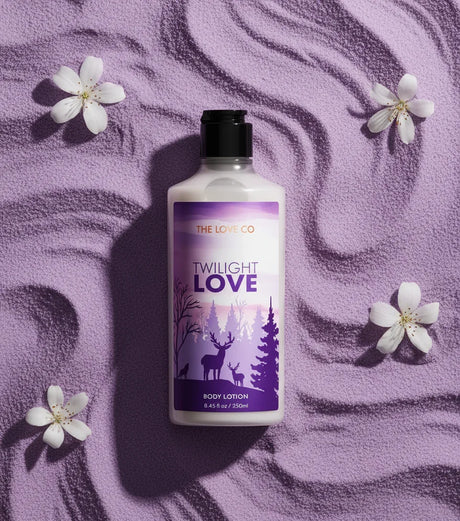 The Love Co Twilight Love body lotion bottle on textured purple background with white flowers