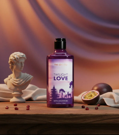 The Love Co Twilight Love shower gel bottle on wood table with passion fruit and classical bust