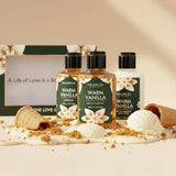 Three bottles of 'Warm Vanilla' products from 'The Love Co.' on a decorative background with vanilla-themed elements.