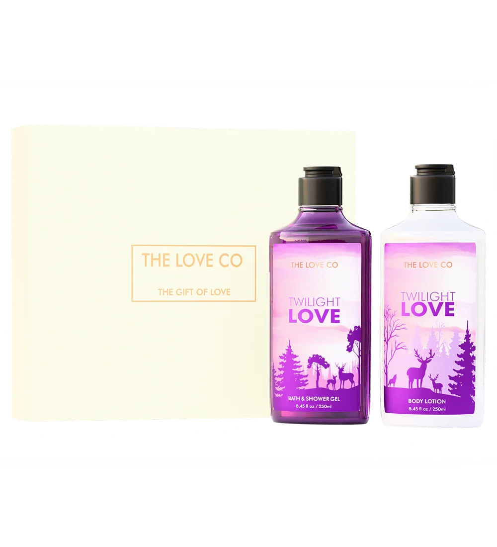 The Love Co Twilight Love gift box with bath & shower gel and body lotion bottles