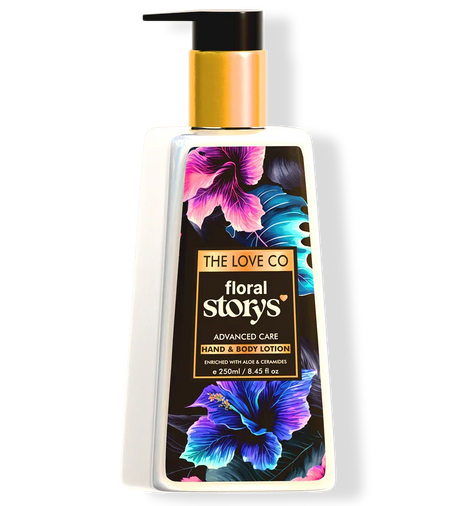 The Love Co Floral Story hand and body lotion bottle with vibrant floral design