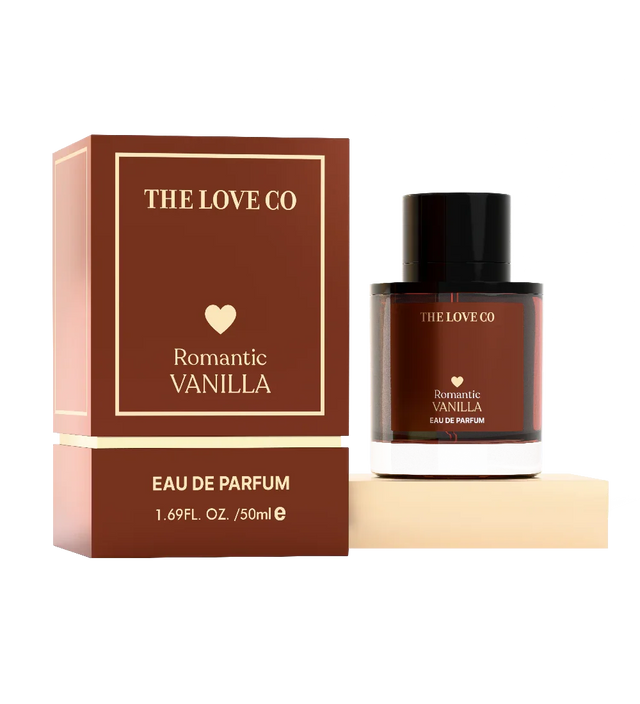 The Love Co Romantic Vanilla perfume bottle and box, 50ml Eau de Parfum