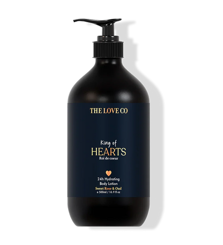 Black bottle of 'King of Hearts' body lotion by The Love Co on a white background