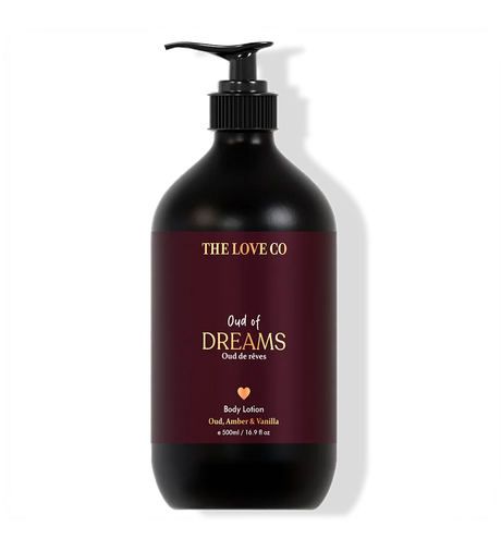 The Love Co Oud of Dreams body lotion 500ml bottle with maroon label