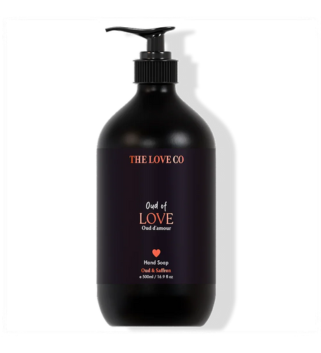 The Love Co Oud of Love 500ml hand soap bottle with pump, black label, oud and saffron scent.