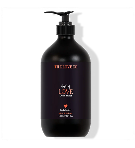 The Love Co Oud of Love body lotion bottle, 500ml, with black pump and saffron oud label