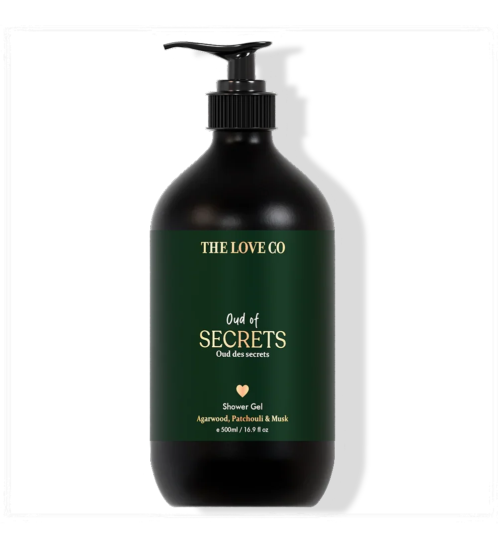 Black bottle of 'Oud of Secrets' shower gel from The Love Co on a white background