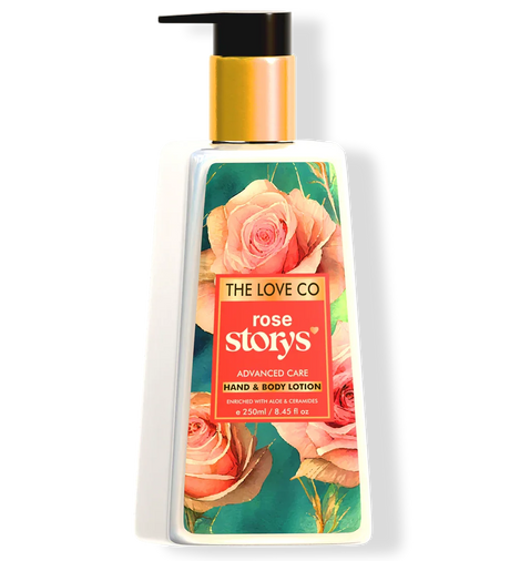 The Love Co Rose Storys Hand & Body Lotion bottle with rose floral design, 250ml