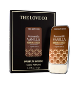 The Love Co Romantic Vanilla solid perfume with packaging on a white background