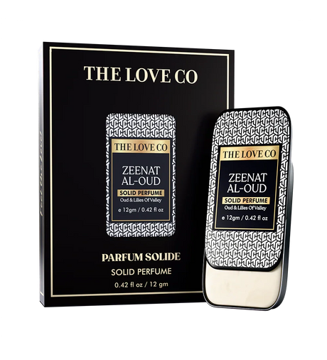 Zeenat Al-Oud Solid perfume by The Love Co with packaging on a white background