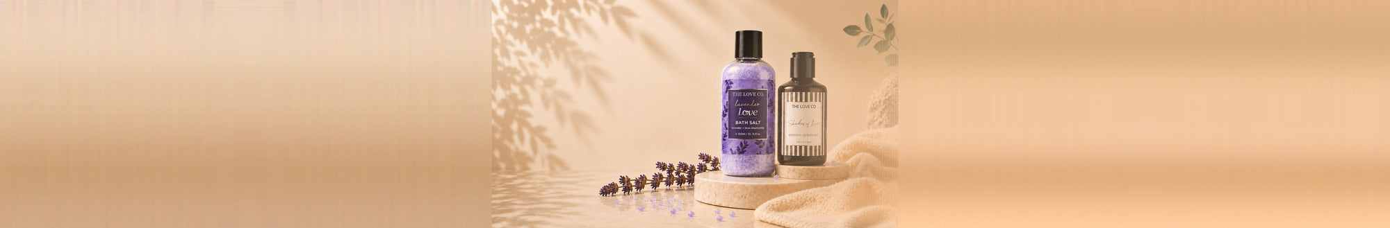 The Love Co bath salt collection banner - Lavender Love and Shades of Love essential oil bath salts