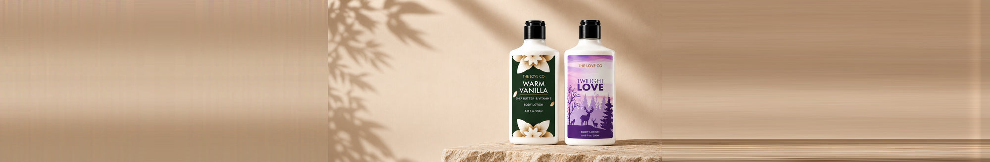 The Love Co body lotion collection banner - Warm Vanilla and Twilight Love body lotions