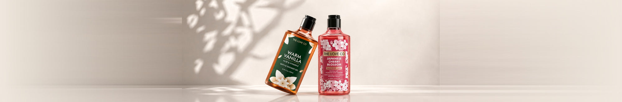 The Love Co body wash collection banner - Warm Vanilla and Japanese Cherry Blossom shower gels