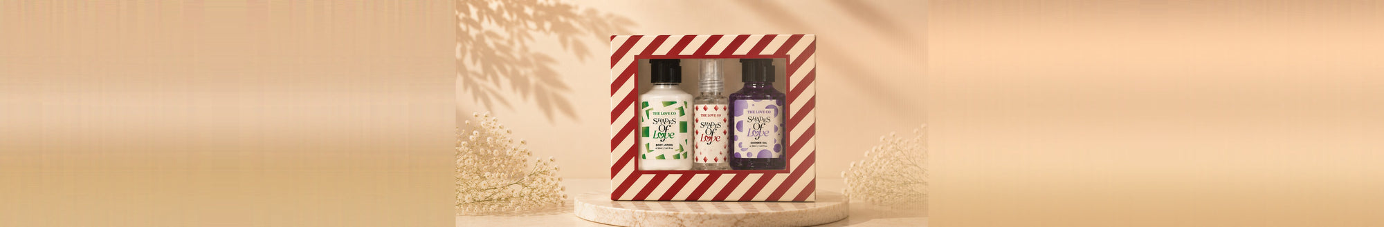 The Love Co Travel and Discovery Sets banner - Shades of Love mini gift box with body lotion, mist and shower gel