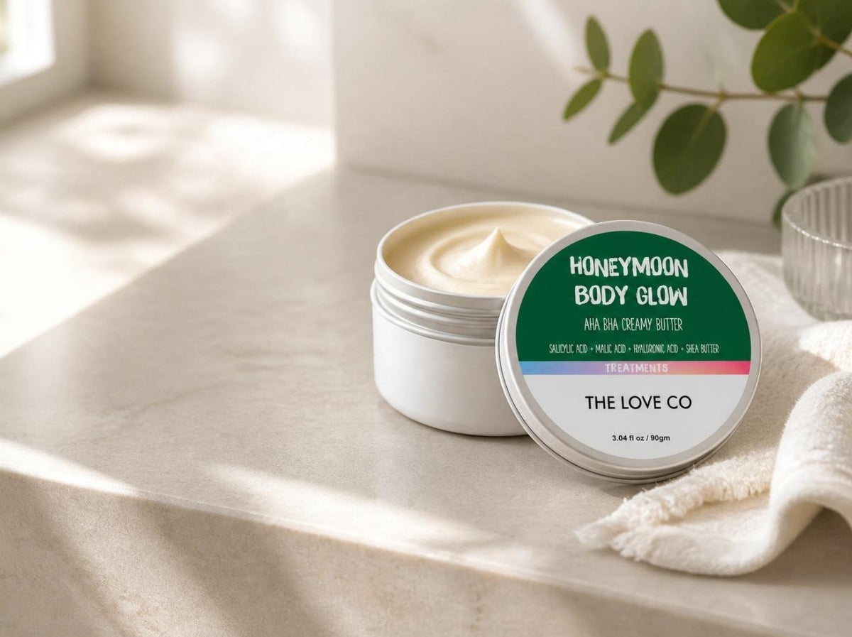 Honeymoon Body Glow tin on a stone counter