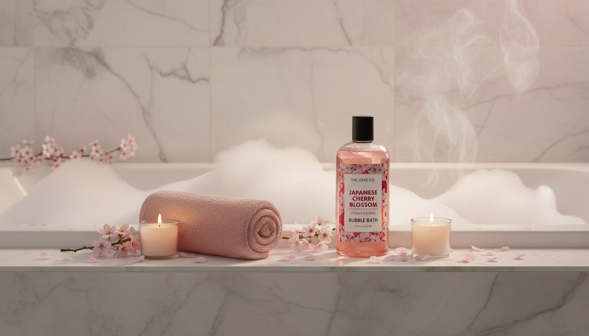 Japanese Cherry Blossom Bubble Bath bottle on the edge of a foam-filled bath with a pink towel, candles and cherry blossom