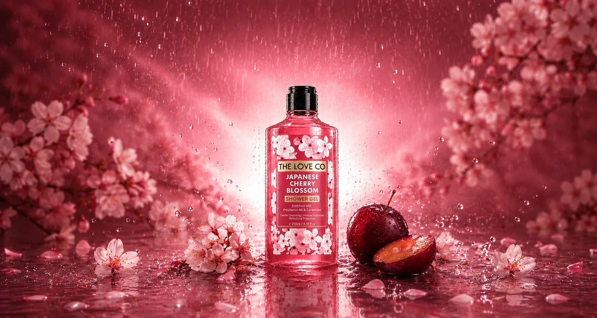 Japanese Cherry Blossom Shower Gel with plum and cherry blossoms in pink rain