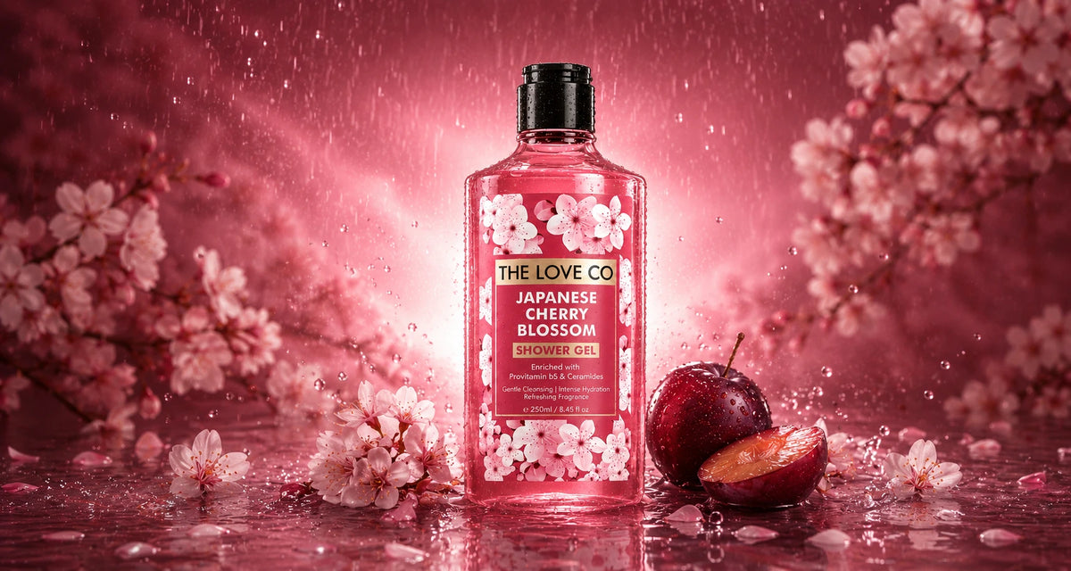 Japanese Cherry Blossom Shower Gel bottle among cherry blossoms and plums in the rain