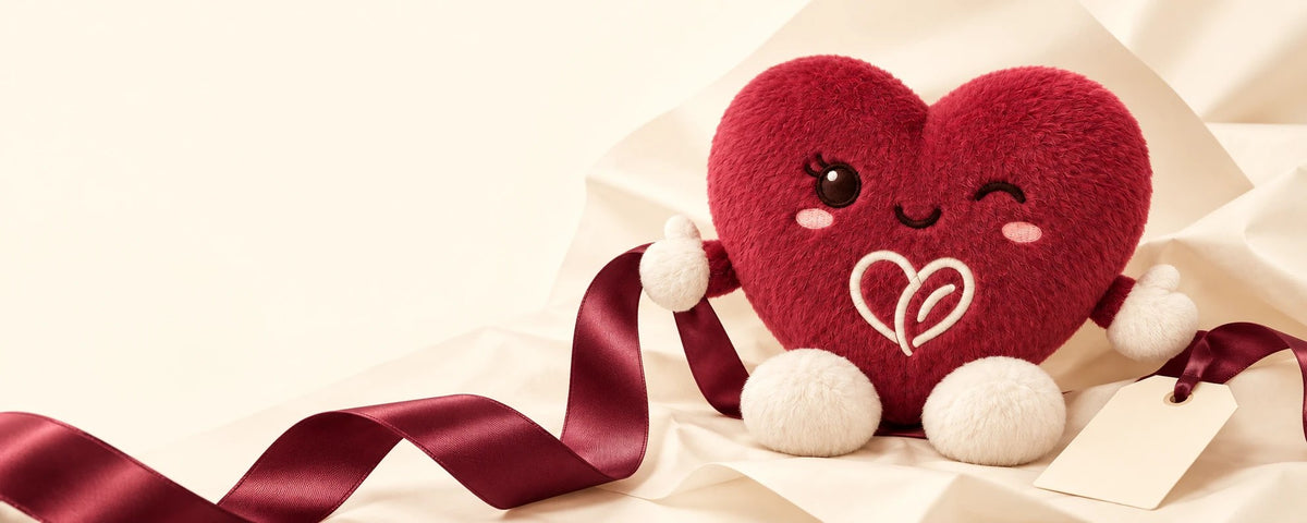 Lovie, The Love Co plush heart, with a burgundy ribbon and gift tag