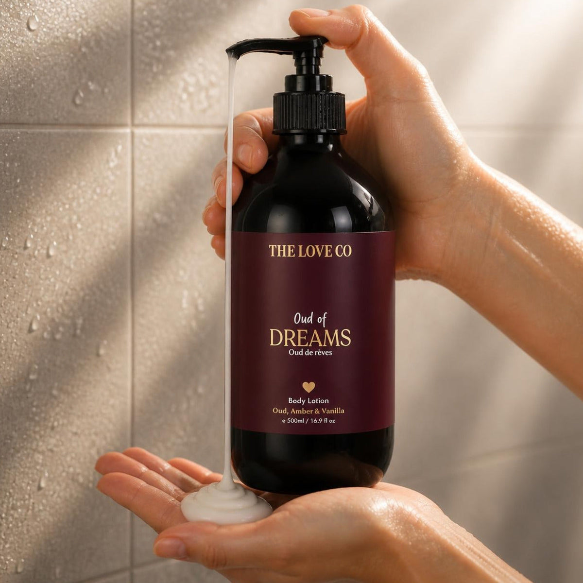 Oud of Dreams Body Lotion pumped into the palm