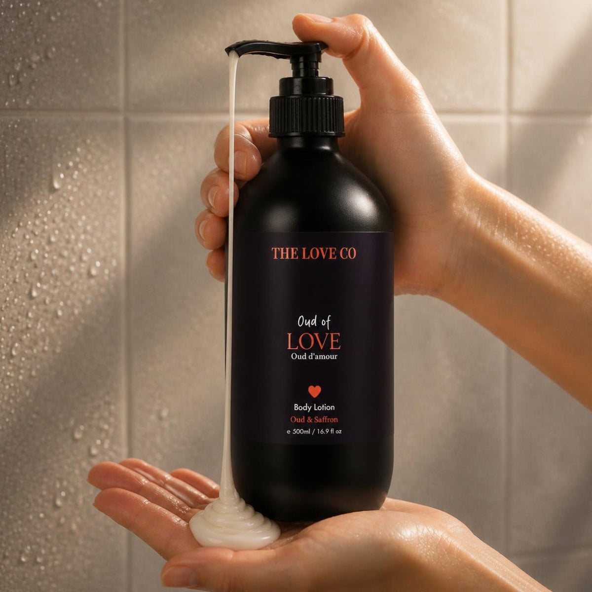 Oud of Love Body Lotion pumped into the palm