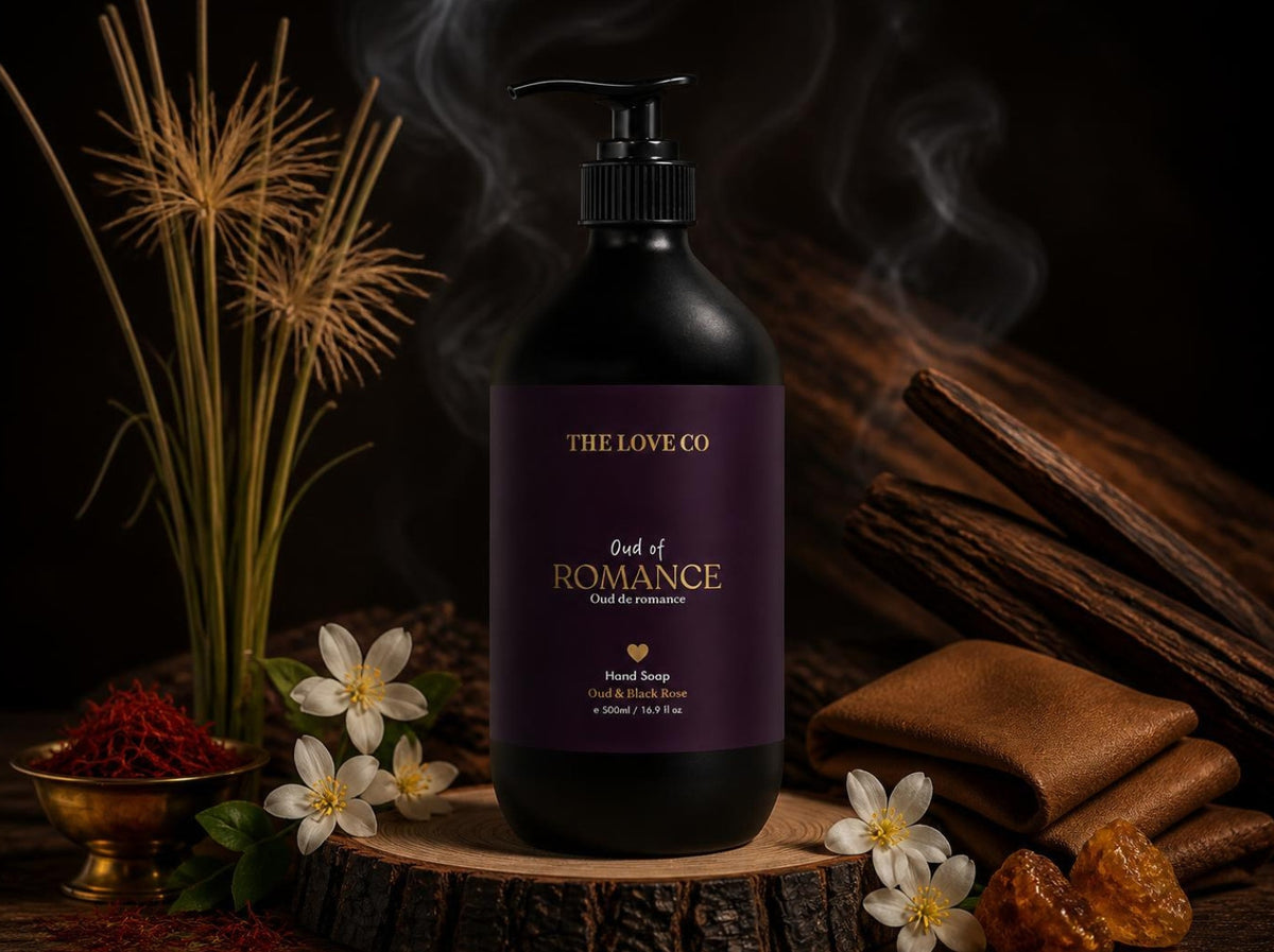 Oud of Romance Hand Soap on a wooden slice with incense smoke, saffron, papyrus and jasmine