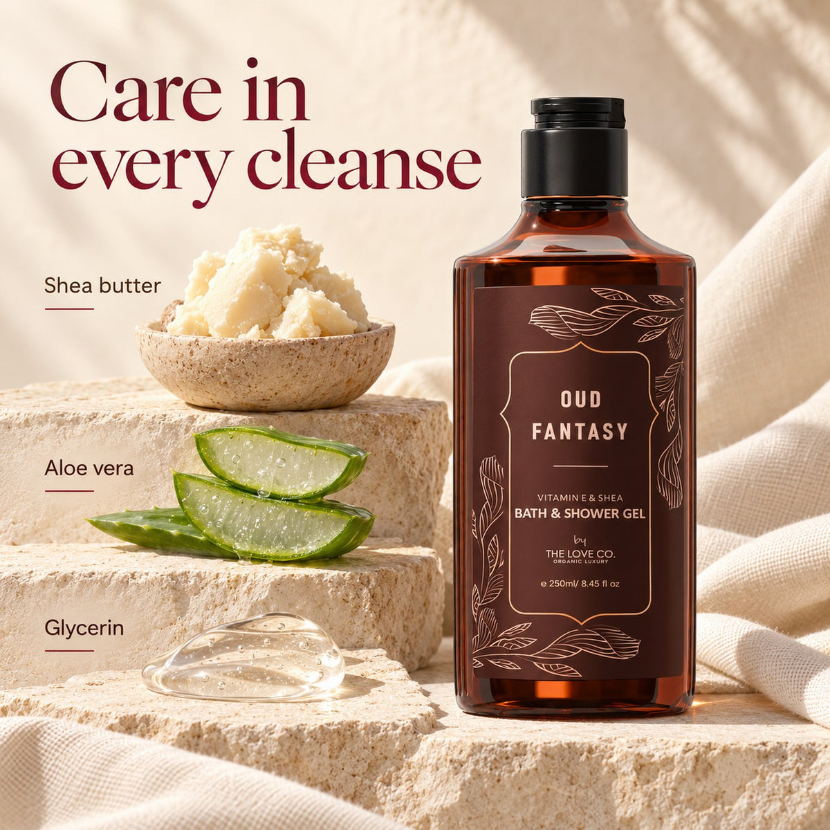 Oud Fantasy Body Wash, shea butter, aloe vera and glycerin