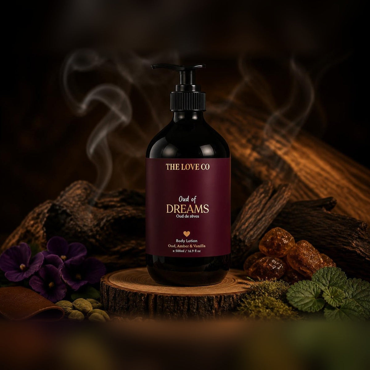 Oud of Dreams Body Lotion on a wooden slice with incense smoke, violet, cardamom, leather and moss