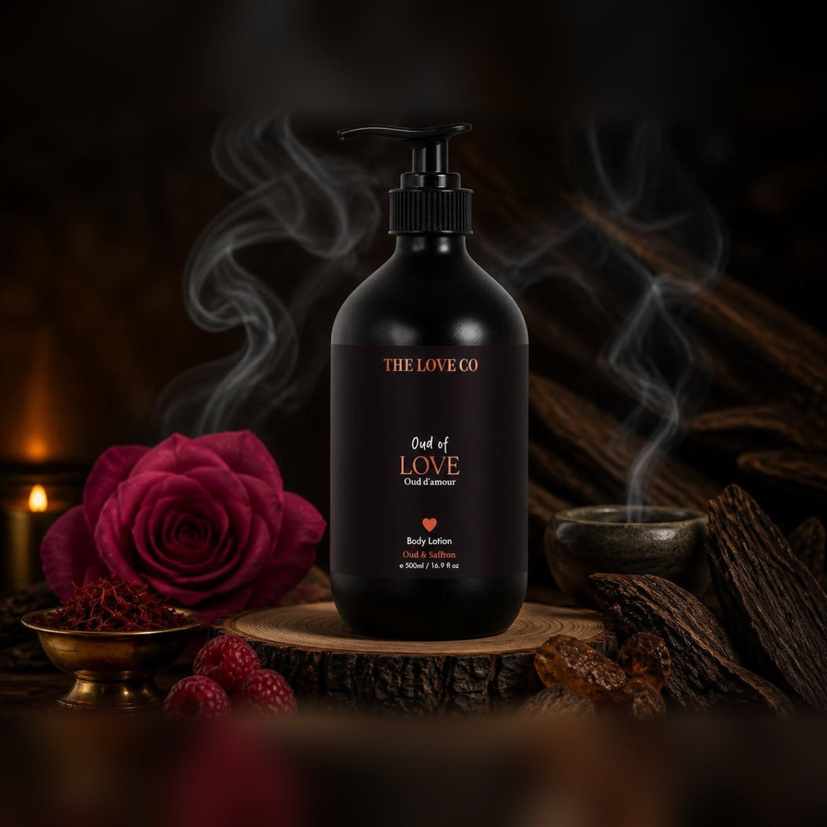 Oud of Love Body Lotion on a wooden slice with incense smoke, rose, saffron and agarwood