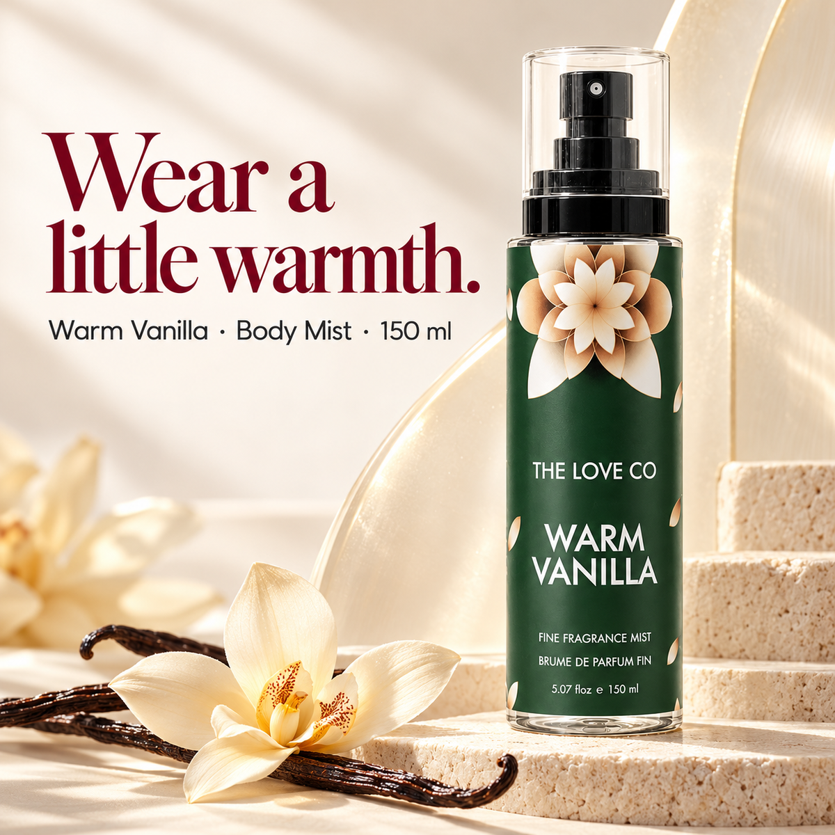 Warm vanilla mist on ivory stone