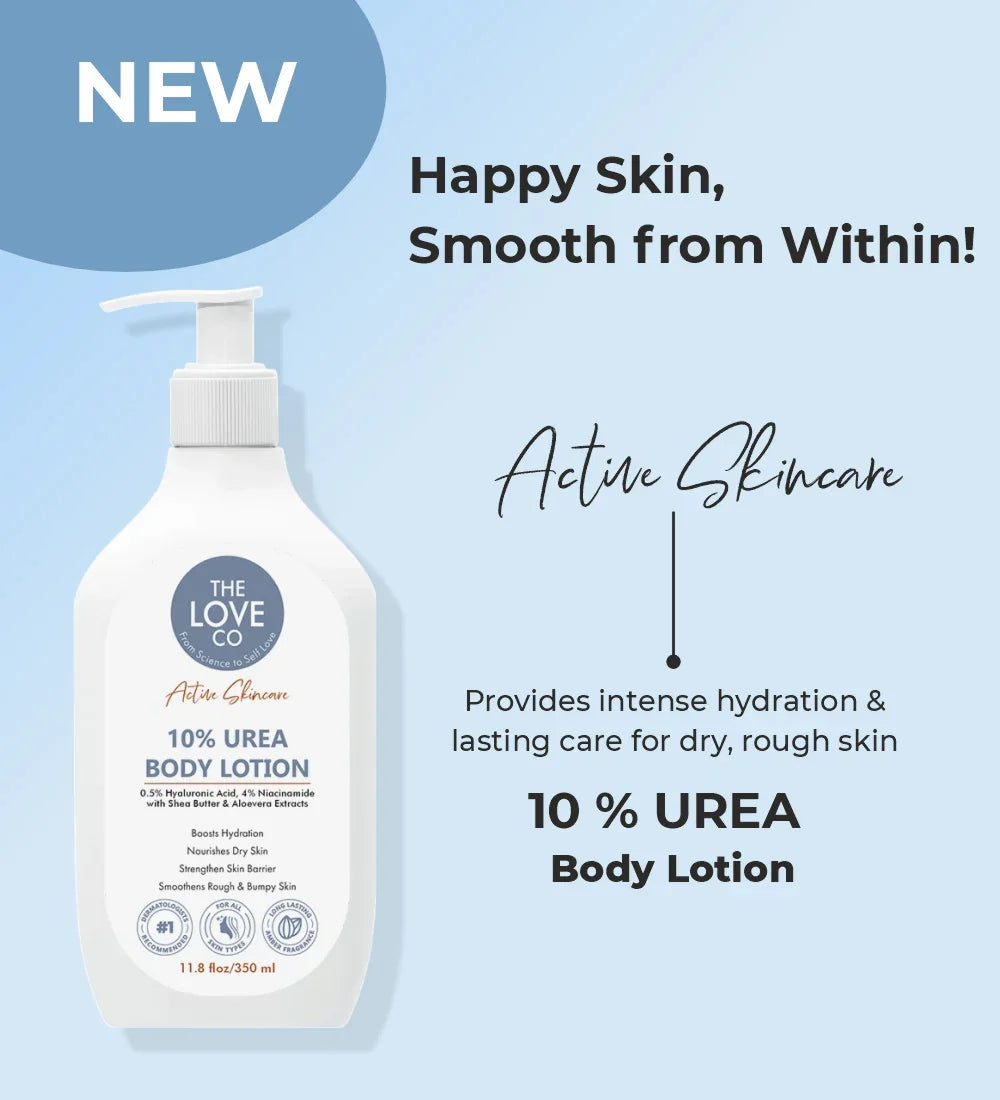10% urea body lotion bottle for dry skin hydration on light blue background, The Love Co brand