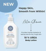 10% urea body lotion bottle for dry skin hydration on light blue background, The Love Co brand