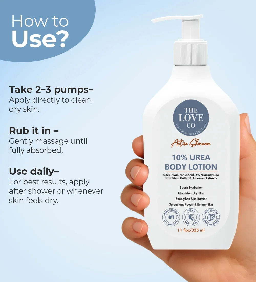 Hand holding The Love Co 10% Urea Body Lotion bottle with usage instructions on blue background